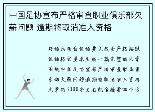 中国足协宣布严格审查职业俱乐部欠薪问题 逾期将取消准入资格