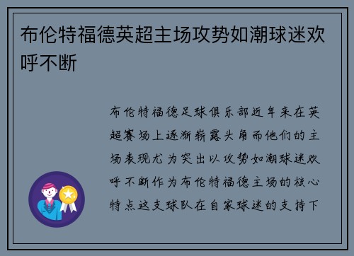 布伦特福德英超主场攻势如潮球迷欢呼不断