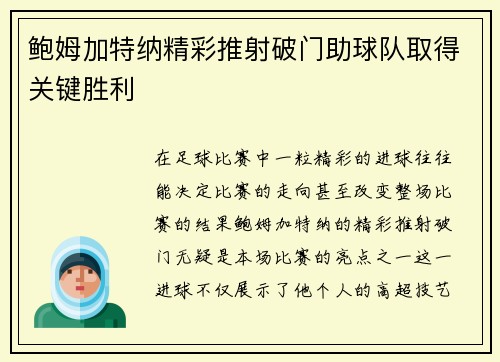 鲍姆加特纳精彩推射破门助球队取得关键胜利